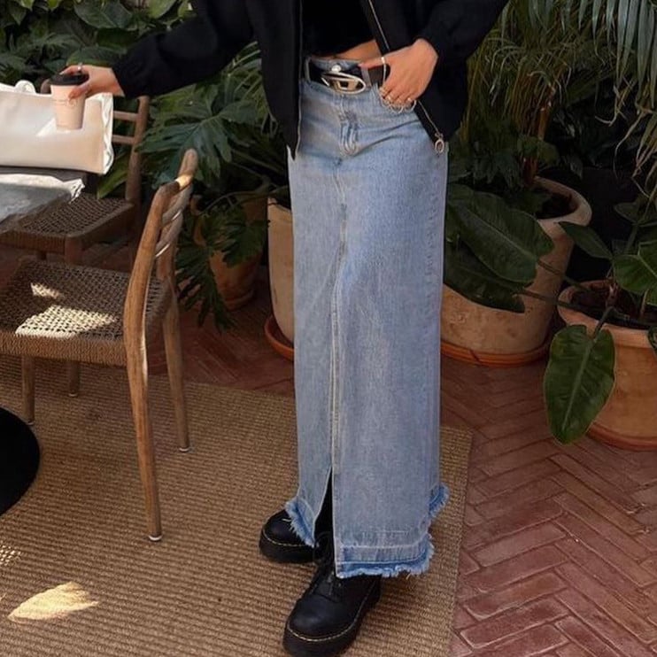 Split-Hem A-Line Denim Skirt